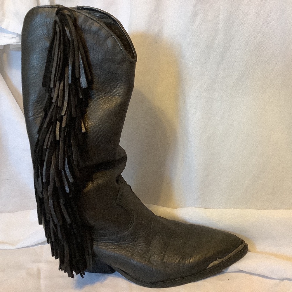 Vintage size 8 Western style black leather fringe cowboy boots made in USA
